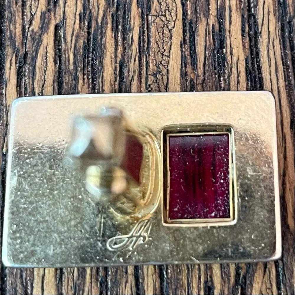 Anson Vintage Gold Tone Fuchsia Lucite Inset Tie Bar Cufflink Set Mid-Century